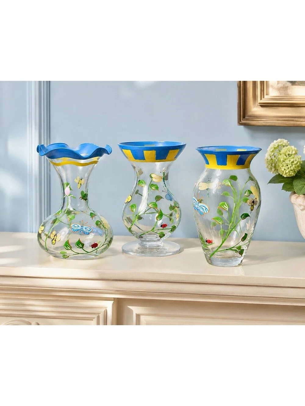 Lenox 2000s Set of 3 Hand-Painted Glass Bud Vases Butterfly Meadow Blue, 6”